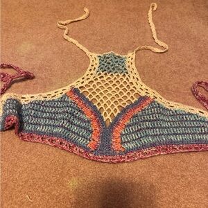 Handmade Multicolor Crochet Halter Camisole - Blue & Cream